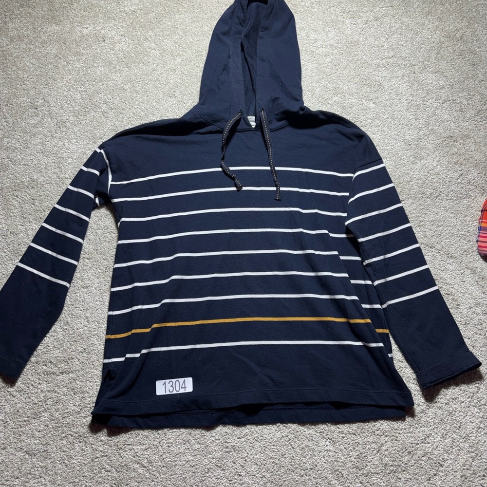J Jill Womens S Relaxed Fit Navy Blue Striped Hoodie Long Sleeve Cotton Knit EUC